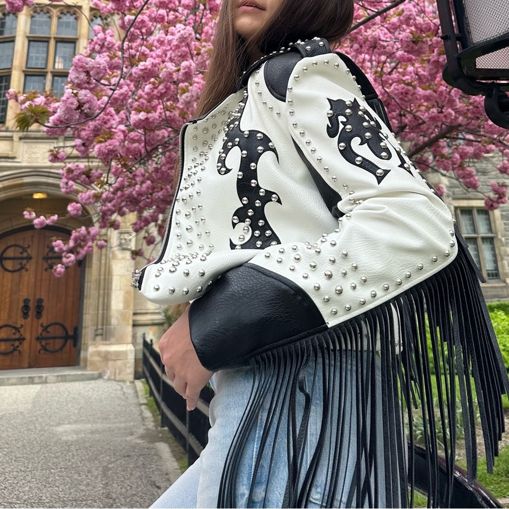 Azalea Wang Ryder Fringe Two-Tone Moto Jacket